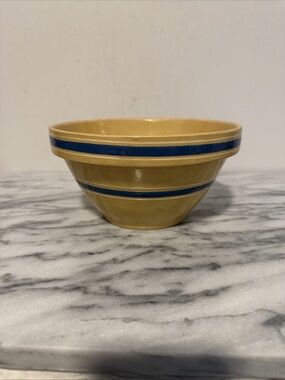 Antique Yellow ware Ceramic mixing Bowl with Blue & white Stripes